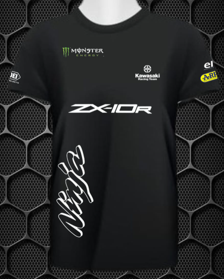 KAWASAKI NINJA WITH MONSTER ENERGY LOGO RIDING MEN'S SHORT SLEEVE BLACK T-SHIRT PRISM GUARD(L,XL)